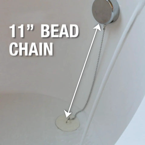 Rubber Stopper For Tub Drain White With Split Ring And 11" Bead Chain in tub, showing clog prevention and easy removal