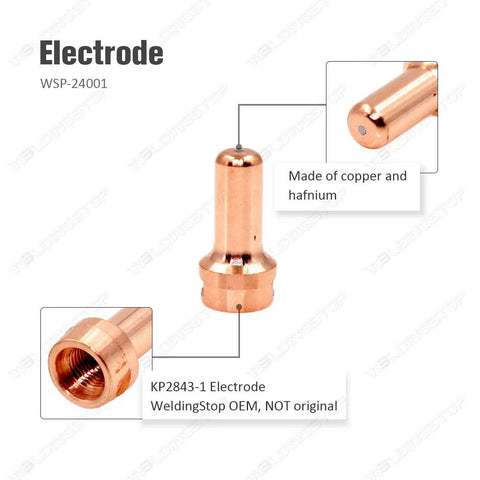 Electrode WSP-24001 of 34 Piece Plasma Cutter Consumables Kit For LC40 Torch And Tomahawk 625, copper and hafnium material.