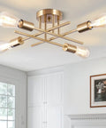 Six Light Sputnik Ceiling Chandelier Dope Modern Semi Flush Mount With E26 Base Brass Finish in a bright kitchen setting.