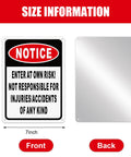 4 Pack Enter At Own Risk Warning Signs 10 By 7 Inch Tough As Nails Reflective Aluminum Plates front and back view with dimensions.