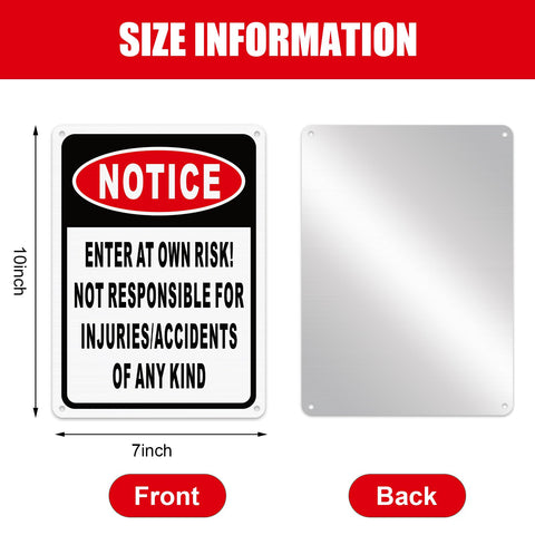 4 Pack Enter At Own Risk Warning Signs 10 By 7 Inch Tough As Nails Reflective Aluminum Plates front and back view with dimensions.