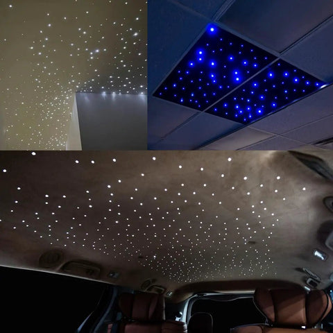 16W Fiber Optic Starlights Headliner Kit With 300 Strands 0.03in Fiber And 6.5ft Length Bluetooth App Control Music Activated Light Kit For Car Truck And Home Use Totally Lit illuminating car and home ceilings, creating a starry sky effect.