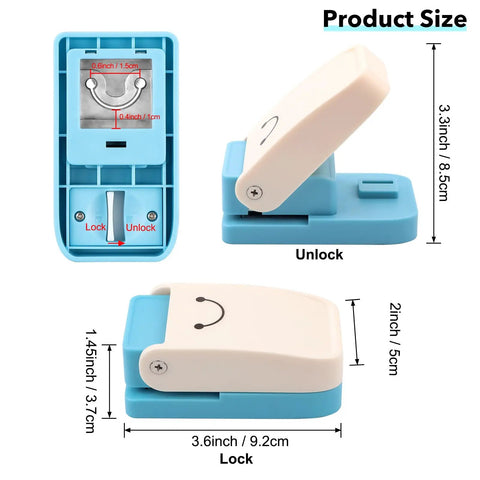 Dimensions of Versatile Hangtag Punch For DIY Jewelry Displays And Card Tags, Corner Punch Tool in locked and unlocked positions.