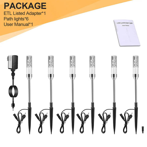 Outdoor 6 Pack LED Path Lights With No Fuss Plug And Play AC Plug In, 12V Low Voltage Landscape Lighting, lights, adapter, manual