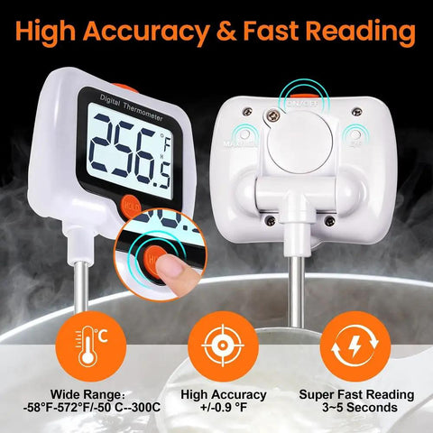 Instant Read Candy Thermometer With Pot Clip for Cooking, Baking, Candy and Cheese Making, 10 Inch Probe shown in use
