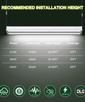 210W LED Linear High Bay Shop Light installation guide with 31500 lumens, 120-277V range, 0-10V dimmable, cool white, UL listed for warehouses.