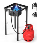 100,000 BTU Portable Gas Camping Stove With Regulator for Outdoor Cooking featuring cast-iron frame and red propane tank