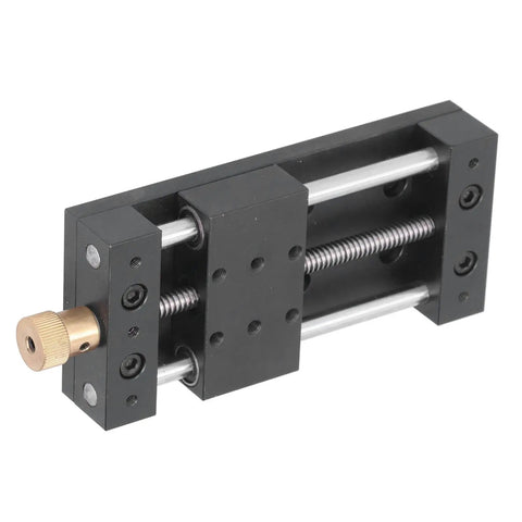 Built Tough Aluminum Linear Stage Actuator And Precision Sliding Table Smooth Operator Handle With Seventy Five Millimeter Stroke Range, side view.