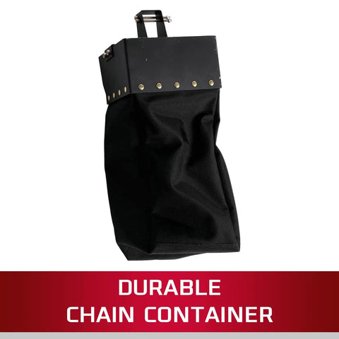 Heavy Duty Electric Chain Hoist With Slick Two Speed Trolley One Ton Capacity And Ten Foot Lift Range Rock Solid Safety Brakes inside a durable chain container.