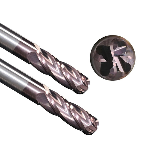 Carbide Ball End Mill Bits With Four Flutes And TISIN Coating, One Quarter Inch Shank, close-up view, HRC65 Tungsten Carbide