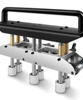 Three-Station Roller Metal Bender Hand Tool For 0-90 Degree Bends On Metal Roofing Sheets, shown in side view with durable roller system.