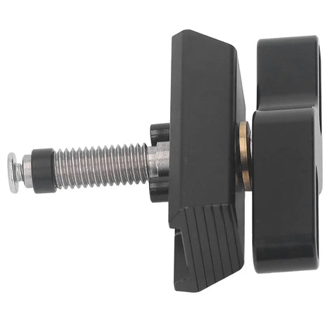 Heavy Duty Folding Bike Hinge Clamp with stainless steel screw, black anodized finish, and aluminum alloy construction. Upgrade Your Ride With This Heavy Duty Folding Bike Hinge Clamp Made From Tough Aluminum Alloy Featuring A Sleek Black Anodized Finish And Precision CNC Machining For That Sweet Secure Fit Every Time!