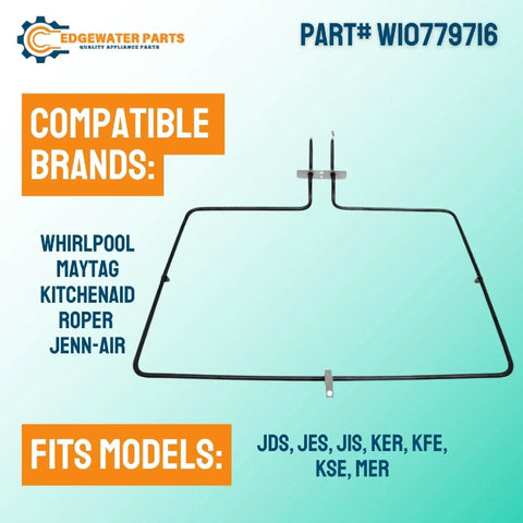 Bake Element for Range Oven W10779716 Replacement Compatible With Whirlpool KitchenAid Maytag Jenn Air Fits JDS JES JIS KER KFE KSE MER Models Square Center Terminal Replaces W10289097 W10774342 AP5970727 shown with compatible brands and models