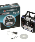 Rock Solid 2.4GHz AFHDS 2A 4CH RC Transmitter For Helicopters And Gliders With FS A6 Receiver, Easy Bind, Stable Signal, Long Battery Life, Plug And Play Setup, Black next to packaging box and included accessories