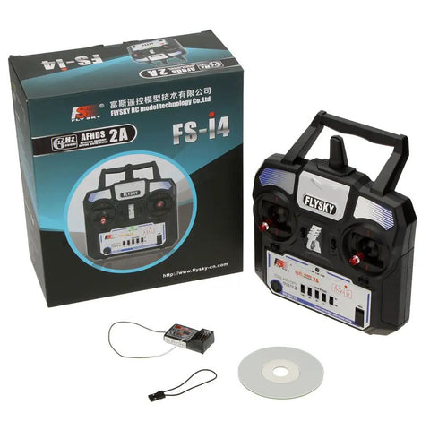 Rock Solid 2.4GHz AFHDS 2A 4CH RC Transmitter For Helicopters And Gliders With FS A6 Receiver, Easy Bind, Stable Signal, Long Battery Life, Plug And Play Setup, Black next to packaging box and included accessories