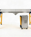 Rock Solid 65 Inch Folding Welding Table With Five Adjustable Height Settings And Heavy Duty Alloy Steel Frame Supporting Up To 1200 Pound Capacity For Pro Garage Shop Or Outdoor Job Sites Built Like A Tank, shown in folded position.