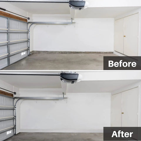 Before and after installing Self Adhesive Vinyl Baseboard Molding 4 Inch By 40 Feet Peel And Stick Wall Base Cove Base White in garage