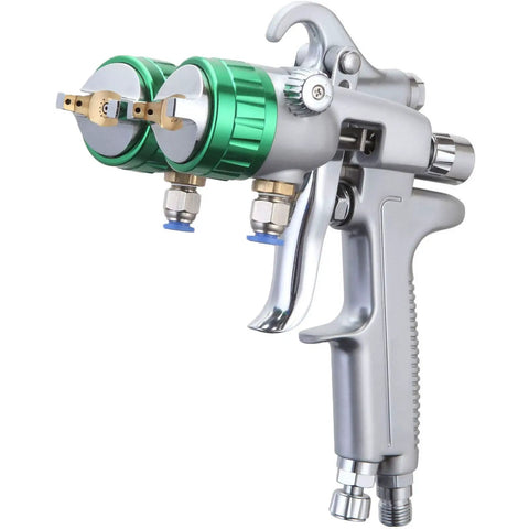 Heavy Duty Double Head Pressure Feed Paint Sprayer Featuring Slick Nano Chrome Nozzles And Killer Smooth Coverage For Badass Industrial Coating And Top Shelf Pneumatic Painting Work With 1000ML Pot Capacity And 13 MM Tips For Flawless Results - close-up view of dual head sprayer with a metallic body and green accents.
