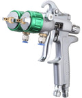 Dual Head Pressure Feed Paint Sprayer With 1.3 Mm Chrome Tips And One Liter Pot, pneumatic spray gun with dual nozzles.
