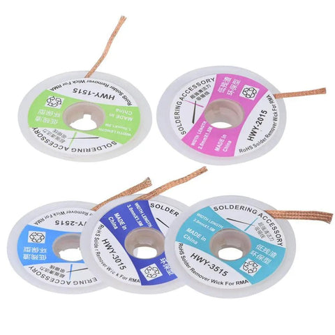 Five spools of pro grade desoldering wick bundle for electronics repair copper solder braid 1.5m length multi size kit