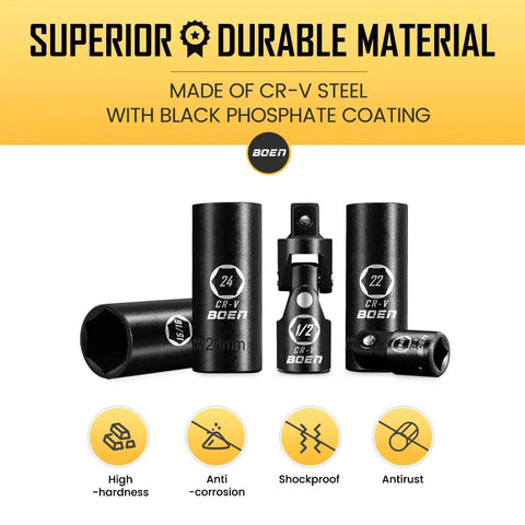 Beefy Half Inch Drive Deep Impact Socket Set 35 Piece SAE And Metric 8 To 24mm With Extensions Universal Joint And Adapters Built From CRV Steel Heavy Duty Tough Tools Double Lock Case