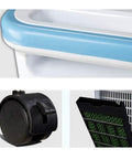 Close-up of the top edge and honeycomb filter of the compact air cooler, highlighting its design for smooth cooling.