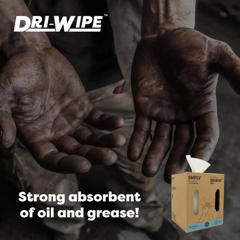 Focus on hands covered in grease next to Dri-Wipe Heavy Duty Wipes 160 Count For Tools And Machinery Size 10 By 15 Inches