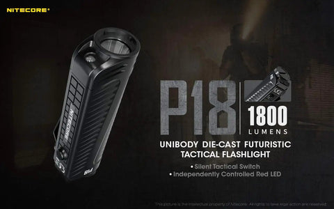 Image of P18 1800 Lumen Compact Flashlight With Auxiliary Red LED Silent Tactical Switch Throw Distance 199 Yards