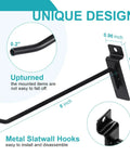 Diagram of an 8-inch black metal slatwall hook with measurements showing dimensions and unique upturned design.