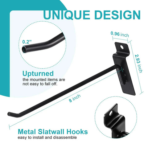 Diagram of an 8-inch black metal slatwall hook with measurements showing dimensions and unique upturned design.