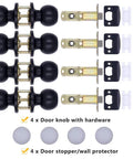 4 Pack Privacy Door Knobs Matte Black Interior Passage Keyless Round Lockset For Bedroom And Bathroom With Hardware And Instructions Included Easy Install Free Shipping, shown with included hardware and door stoppers.