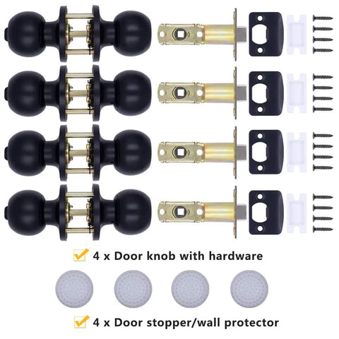 4 Pack Privacy Door Knobs Matte Black Interior Passage Keyless Round Lockset For Bedroom And Bathroom With Hardware And Instructions Included Easy Install Free Shipping, shown with included hardware and door stoppers.