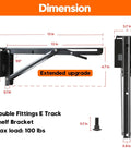 Four Pack 12 Inch E Track Shelf Brackets Foldable Steel Double Joint Cargo Rack Ramp Door Compatible For Vans Trailers Built Tough Heavy Duty Storage Game Changer dimensions showing extended upgrade and 100 lbs capacity.