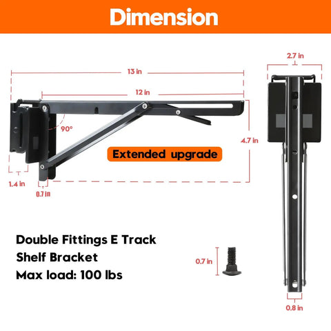 Four Pack 12 Inch E Track Shelf Brackets Foldable Steel Double Joint Cargo Rack Ramp Door Compatible For Vans Trailers Built Tough Heavy Duty Storage Game Changer dimensions showing extended upgrade and 100 lbs capacity.