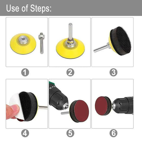 Steps to use 2 Inch Sanding Discs Kit With 240 Pcs Assorted Grit 80 To 5000 Silicon Carbide Hook And Loop Sandpaper, shows shank pads and drill attachment.