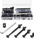 All-In-One M6 Bolts And Barrel Nuts Hardware Replacement Kit For Bed Frames And Furniture 28 M6 Bolts In 20 40 60 80mm Plus 28 Barrel Nuts And 1 M4 Wrench Zinc-Plated Socket Cap Screws For Chairs Cabinets And Home Repairs displayed in a plastic case, with separate close-up of bolts and wrench.