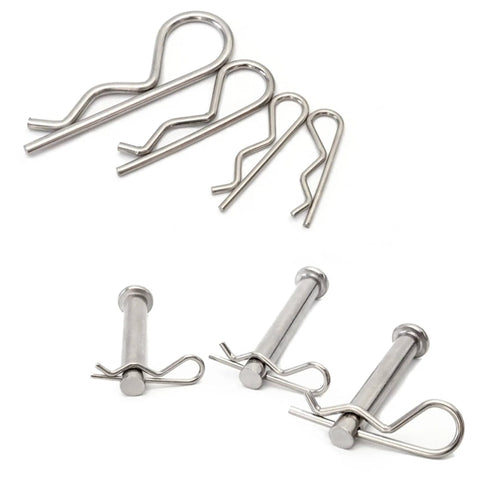 Assorted sizes of 304 stainless steel R-type cotter pins and hitch pins from the 100Pcs 304 Stainless Steel Cotter Pins Assortment Kit