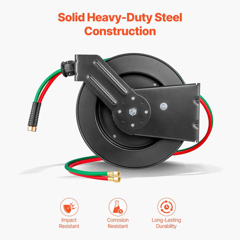 Auto-Rewind Welding Hose Reel For 1/4-Inch X 50-Foot Twin Oxygen Acetylene Rubber Hose Up To 300 PSI T Grade, heavy-duty steel