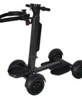 Foldable Electric Golf Cart With Tough Dual Motor Grip, 48V Extended Battery Plays Nine Holes Without Breaking A Sweat, Padded Seat Keeps It Chill On The Fairway, Smooth Operator Flow For Weekend Rounds - close-up of the cart's four wheels and handlebar.