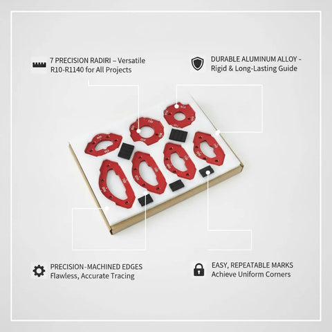 Seven Piece Aluminum Corner Radius Template Kit For Precision Woodworking And Cabinet Edge Rounding With Standard Router Compatibility on white foam.