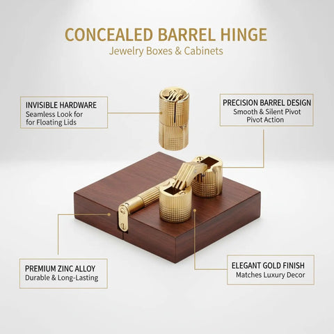 Hidden Barrel Hinge with Gold Finish Zinc Alloy Hardware for Jewelry Boxes and Cabinets, displayed on wood base