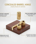 Gold Zinc Alloy Concealed Barrel Hinge For Jewelry Boxes And Cabinets Hidden Hardware on wood surface