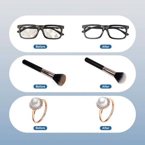 Ultrasonic Jewelry Cleaner Portable 500ML Deep Cleaning At 42kHz with Before and After of eyeglasses, brush, and rings