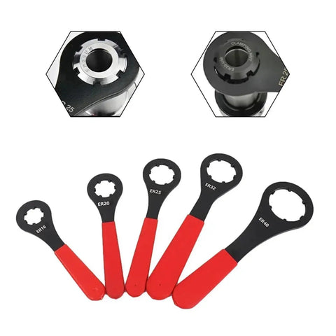 Ditch The Struggle With This Heavy Duty CNC Spanner Wrench For Easy ER Nut Locking And Removal On Machine Tools Fits ER16 20 25 32 And 40 Collet Chucks Perfect For Pro Shops And DIY Builders A Must Have Tool, showing various sizes and detailed grips.