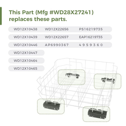 Diagram of Dishwasher Lower Rack Carrier and Roller Kit Replacement for Left and Right Sides, compatible models listed.