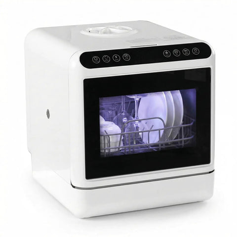 Super Compact Countertop Dishwasher With No Sweat Plug Play Setup and Powerhouse 360 Degree Dual Spray Rotation, white, visible dishes inside.