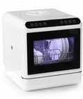 Apartment Game Changer Countertop Dishwasher With Six Liter Water Reservoir Skip The Install Headache High Temp Wash Cycle And Efficient Air Dry For Stress Free Cleaning, white unit with plates visible inside.