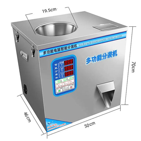 Top Drawer Automatic Powder And Granule Filling Machine With Hella Reliable Electronic Weighing System Adjustable For Flour Tea Coffee Beans And Seeds Quick Packaging, stainless steel, compact design.