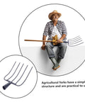 Heavy Duty Iron Manure Fork For Lawn Maintenance And Mulch Clearing Handheld Garden Tool With Five Teeth Design shown with farmer