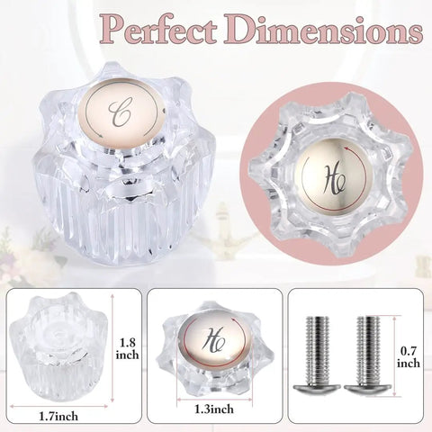 Two Piece Shower Knob Replacement Set For Hot And Cold Faucets, Durable Acrylic Handles, with Dimensions and Screws